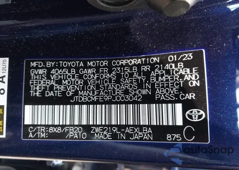 2023 Toyota Corolla Hybrid Le z USA, uszkodzony, nr VIN JTDBCMFE9PJ003042